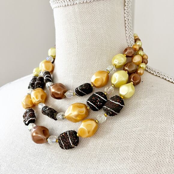 Vintage JAPAN 3-Strand Gold Chunky Bead Necklace & Earring Set - Picture 5 of 9